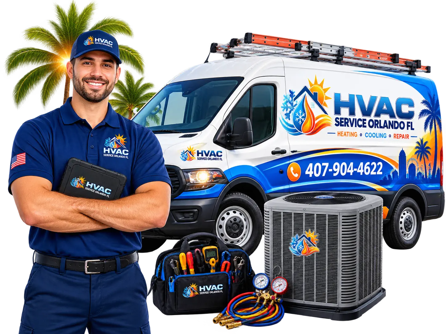 HVAC Service Orlando FL technician with a branded service van and outdoor air conditioning unit