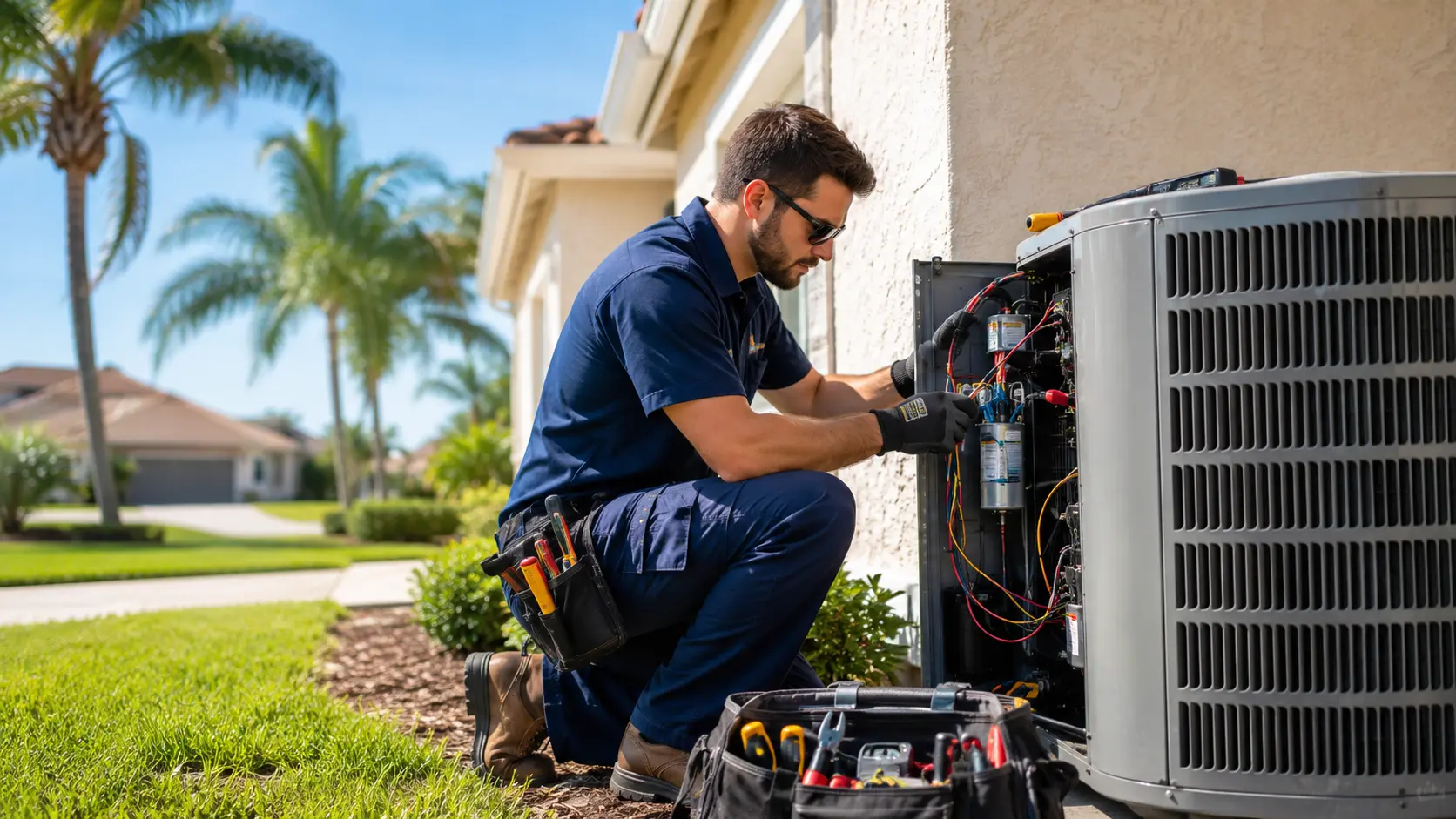 HVAC technician diagnosing an outdoor AC condenser at an Orlando, FL home