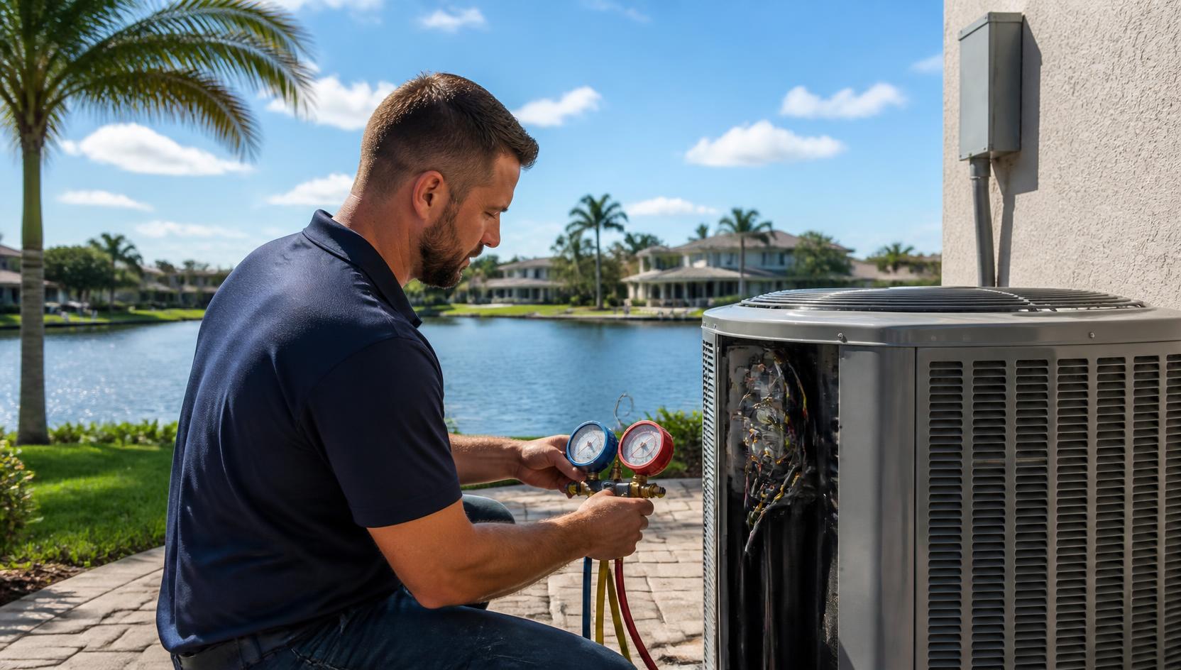 HVAC technician checking refrigerant pressures on a condenser at a Florida waterfront home
